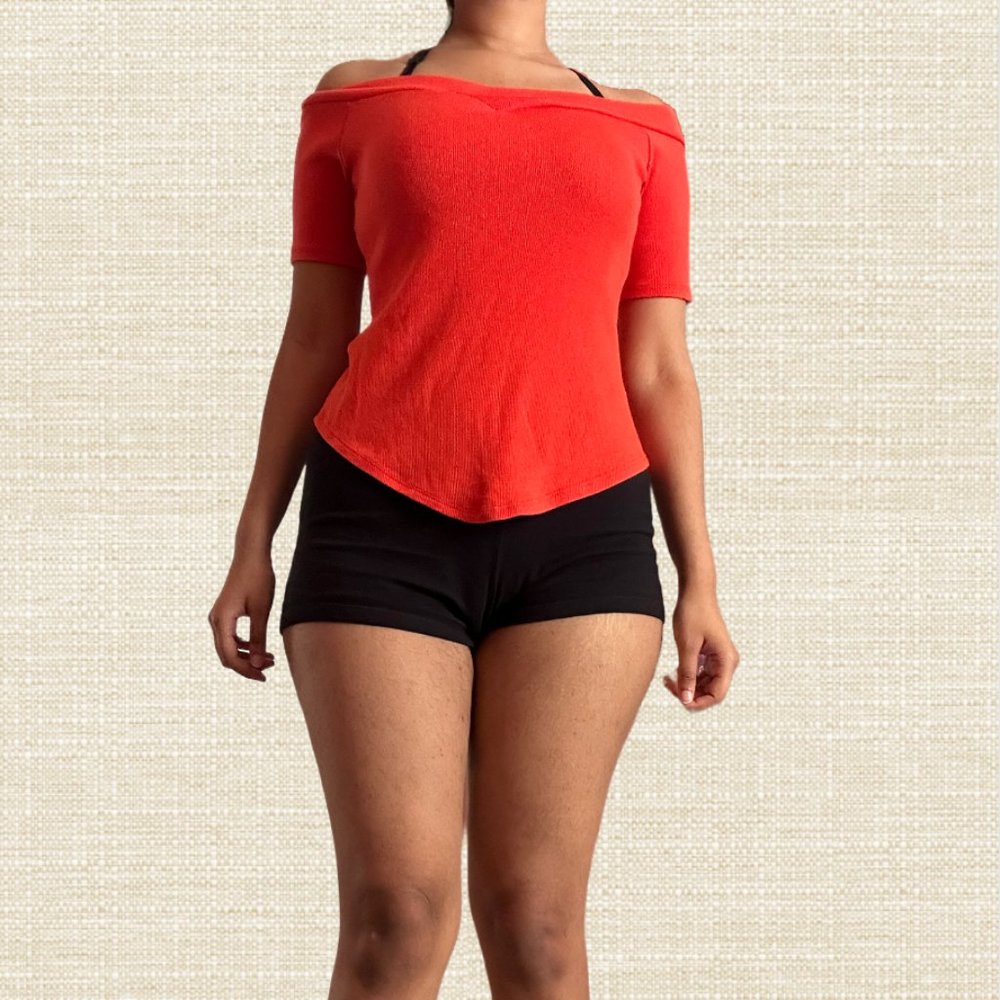 Discontinued Reddish-orange Criss-cross off-shoulder top